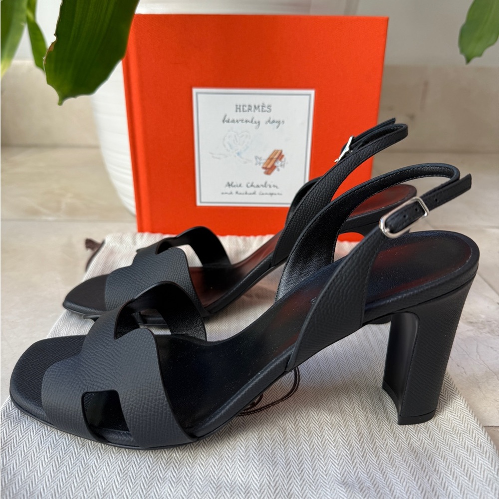HERMES ETERNITE 80 SANDALS BLACK EPSOM LEATHER HIGH HEELS SLINGBACK SHOES 39.5